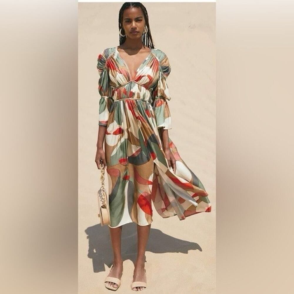 NWT Cult Gaia Anysia Silk Blend Midi Dress Abstract Print Puff Sleeve XS